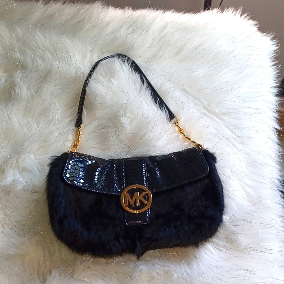 MICHAEL KORS FULTON BLACK RABBIT FUR+PYTHON LEATHER+ CLUTCH,SHOULDER BAG - Picture 4 of 7